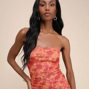 Mesmerizing Flirt Orange Floral Mesh Strapless Ruched Mini Dress